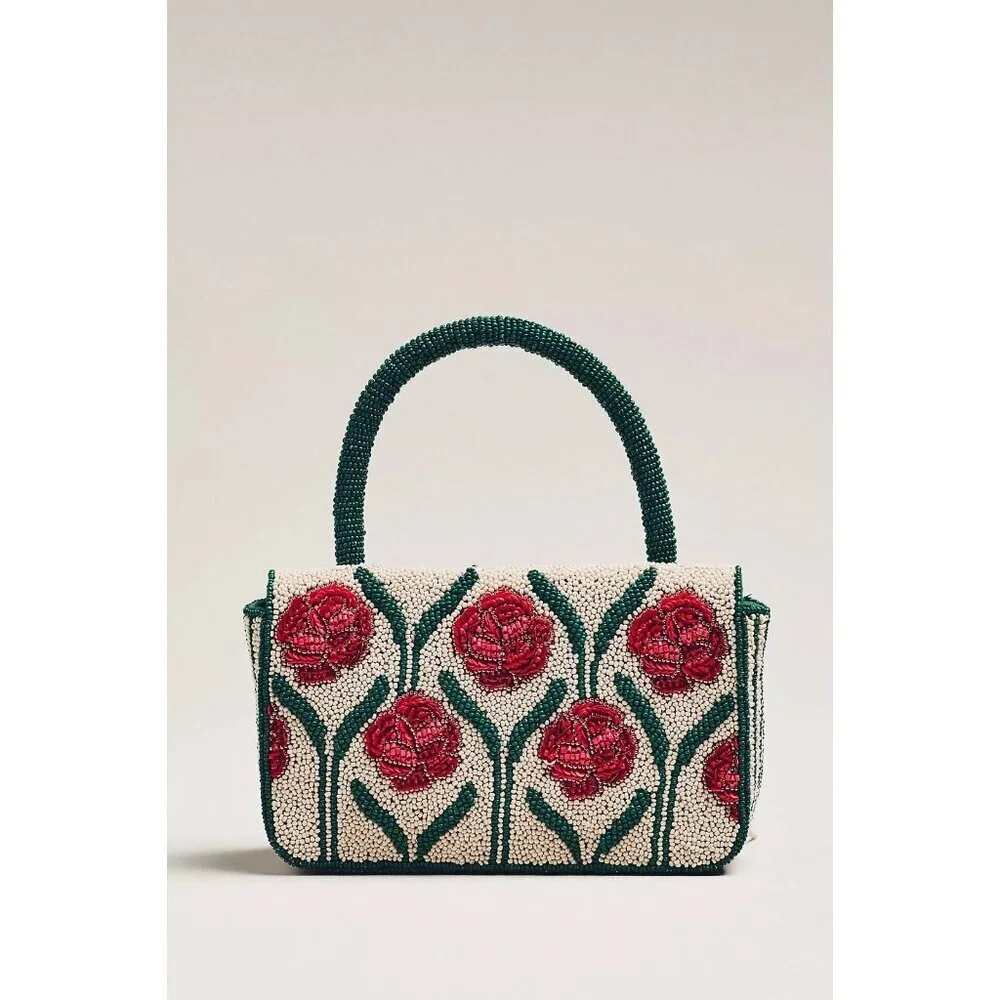 Anthropologie Beaded Fringe Floral Top-Handle Bag - Picture 2 of 3